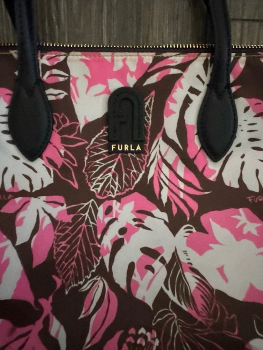 Furla Pink, Brown and White Floral Tote with Black Handles